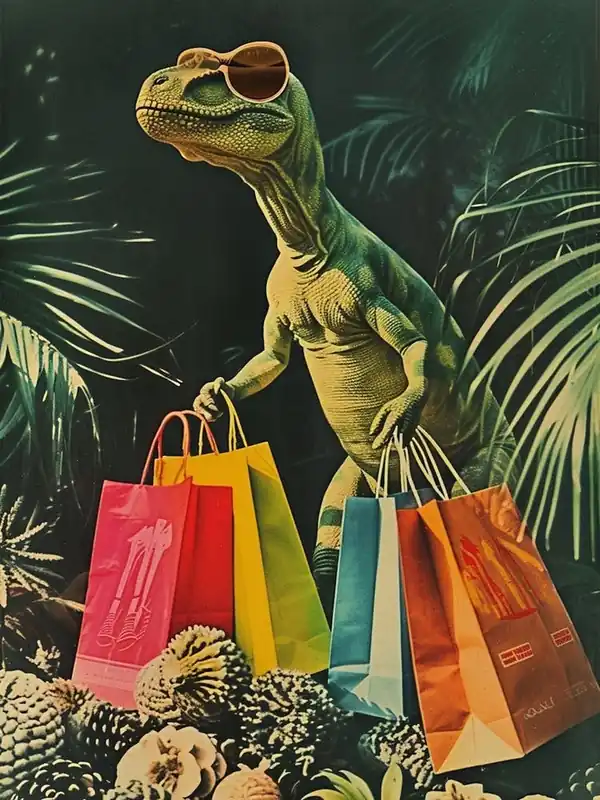 Dinosaur With Shopping Bags Retro Collage Save Now