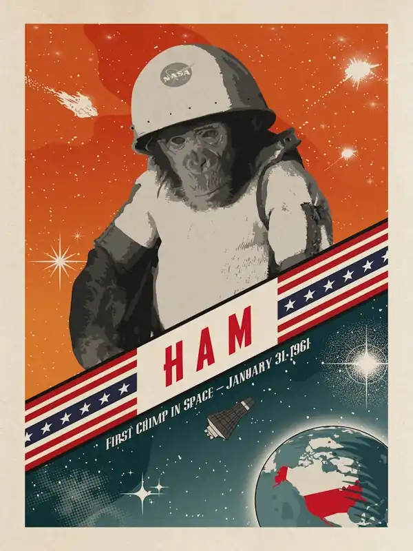 Fresh Stock Ham, First chimp in space, USA, 1961 — Vintage space poster, retro space art 1