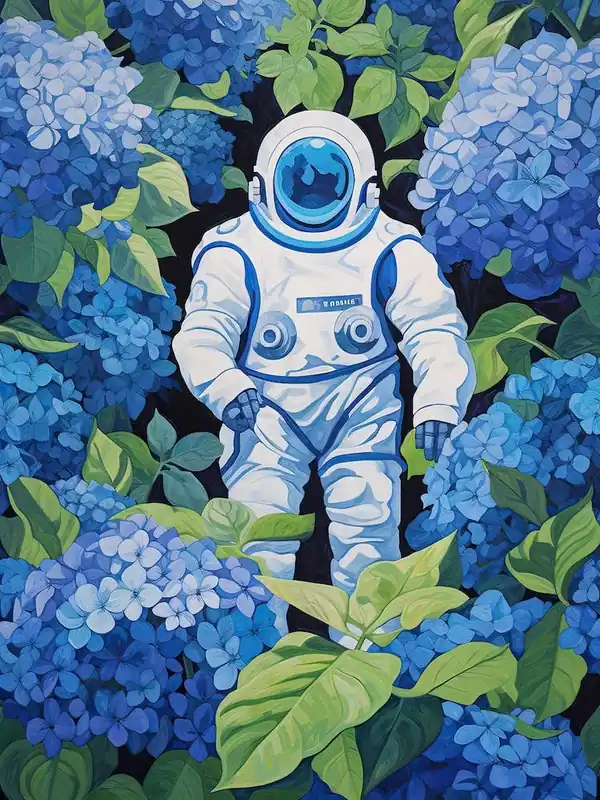 Astronaut Surrounded By Royal Blue Hydrangea Flower 1 Handmade