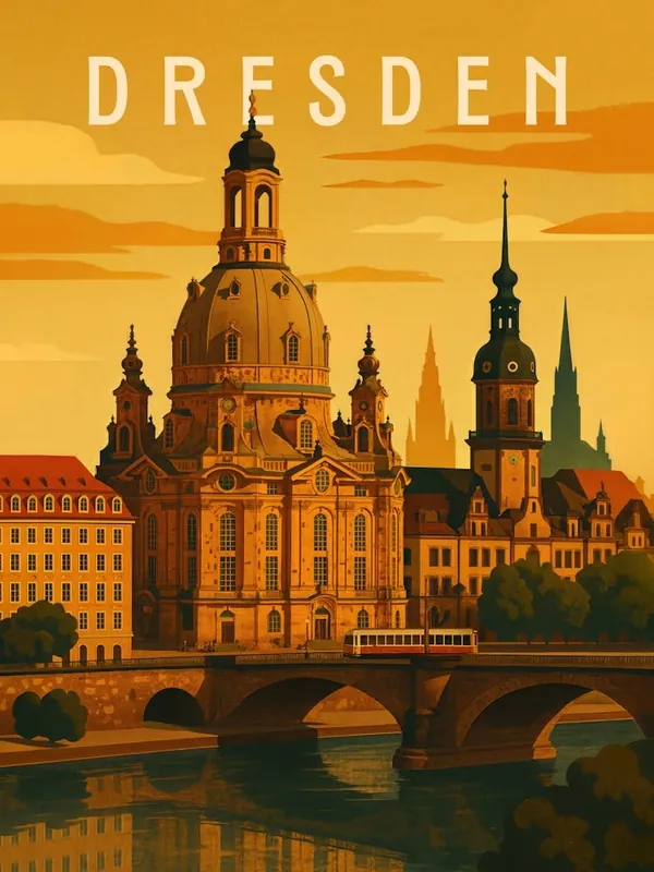 Don’t Miss Out Dresden Travel Poster Germany – Baroque City on the Elbe: This scenic travel poster of Dresden showcases the Frauenkirche, baroque domes, and Elbe bridges in sunset light. A European gem of culture, architecture, and riverside charm.