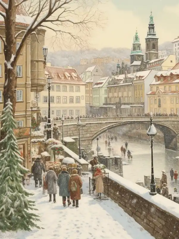 Vintage Winter Illustration Prague Czech Republic 2 Original