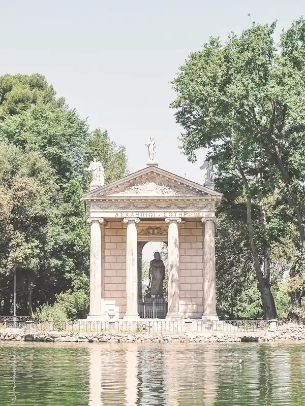 Rome, Italy I Temple of Asclepius by a serene lake in Villa Borghese gardens with summer nature romantic reflections, pastel aesthetic vintage charm photography to live Mediterranean la dolce vita Brand New