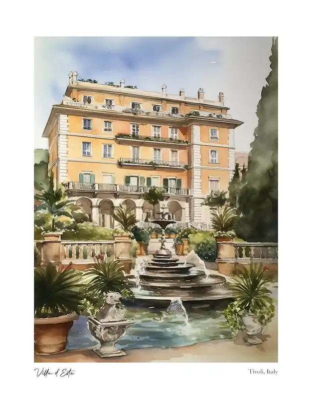 Affordable Villa D'Este, Tivoli, Italy 2 Watercolour Travel Poster
