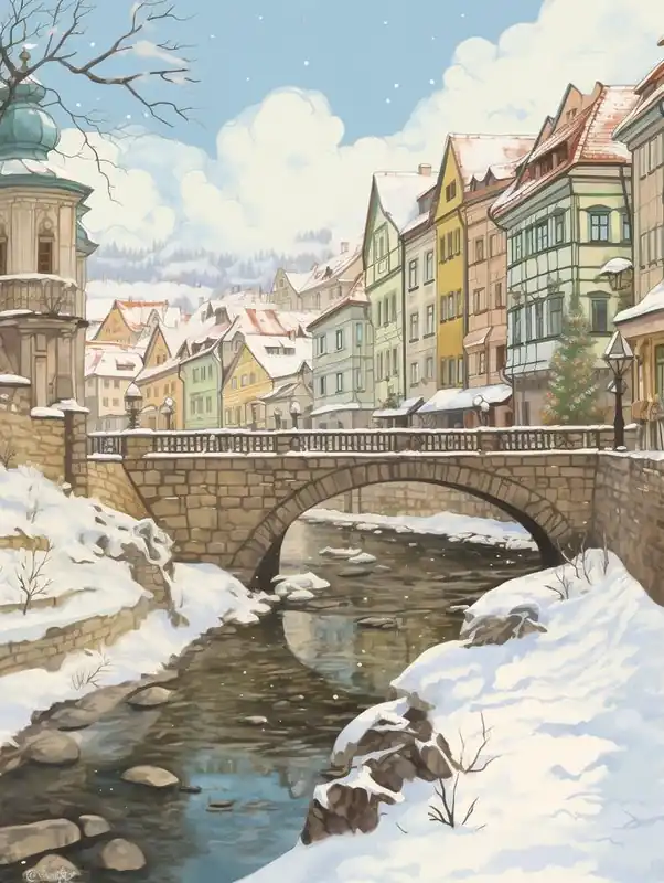 Free Shipping Vintage Winter Illustration Cesky Krumloy Czech Republic 1