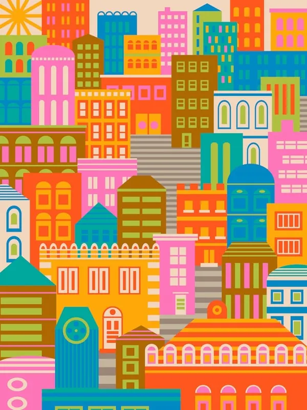 Low Price CITY LIGHTS BY DAY Vintage Travel Poster Portrait Layout with Geometric Architecture Buildings in Bright Rainbow Colours Orange Yellow Pink Green Blue Brown Cream on Cream