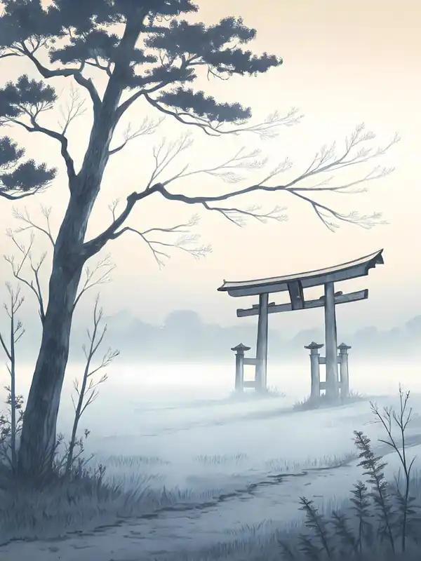 Minimalist Ink Sketch Of A Distant Torii Gate In Low Price
