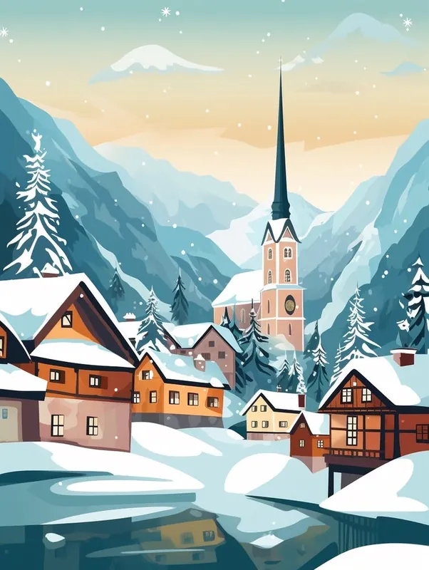 Vintage Winter Travel Illustration Hallstatt Austria 1 Popular