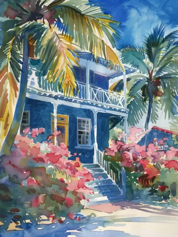 Original Blue House With Palm Trees 3