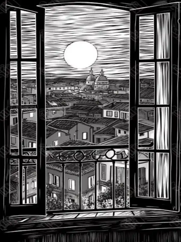 A Window View Of Rome In The Style Of Black And WhiteLine Art 2 Super Sale