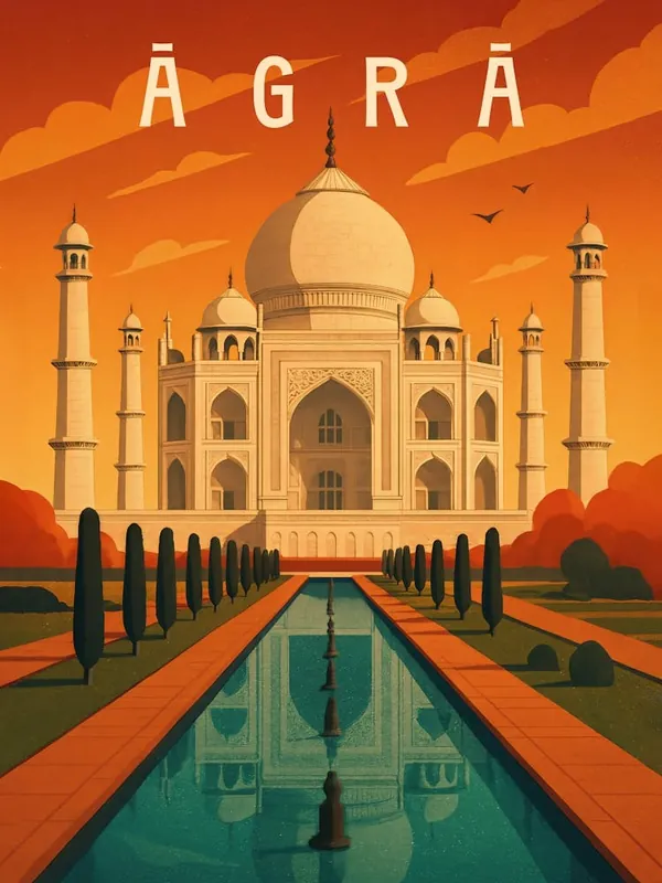 Agra Travel Poster India – Taj Mahal & Indian Majesty: Celebrate the wonder of the Taj Mahal with this Agra travel poster. Featuring perfect symmetry, Mughal architecture, and a majestic sunset glow – a timeless tribute to India’s cultural and architectur Buy Direct