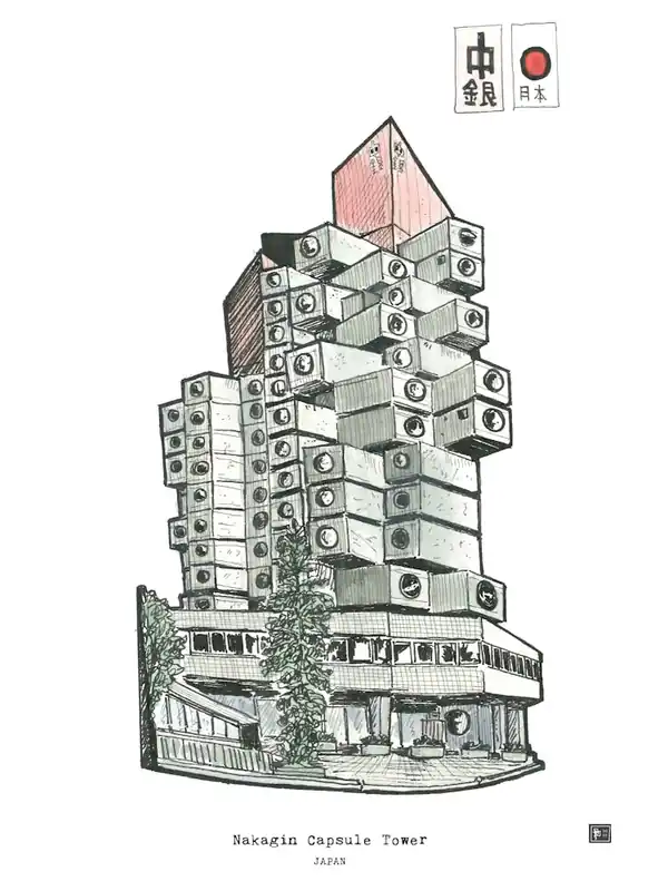 Nakagin Capsule Tower Tokyo - Japan Architectural Print - Hand-Drawn Travel Art & Japanese Decor Direct From Factory