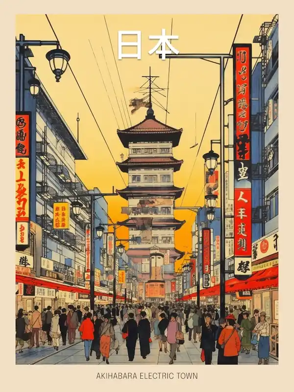 Budget Akihabara Electric Town, Japan Vintage Travel Art 3 Poster