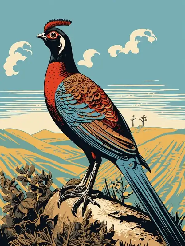 Vintage Bird Linocut Pheasant 3 Save Now