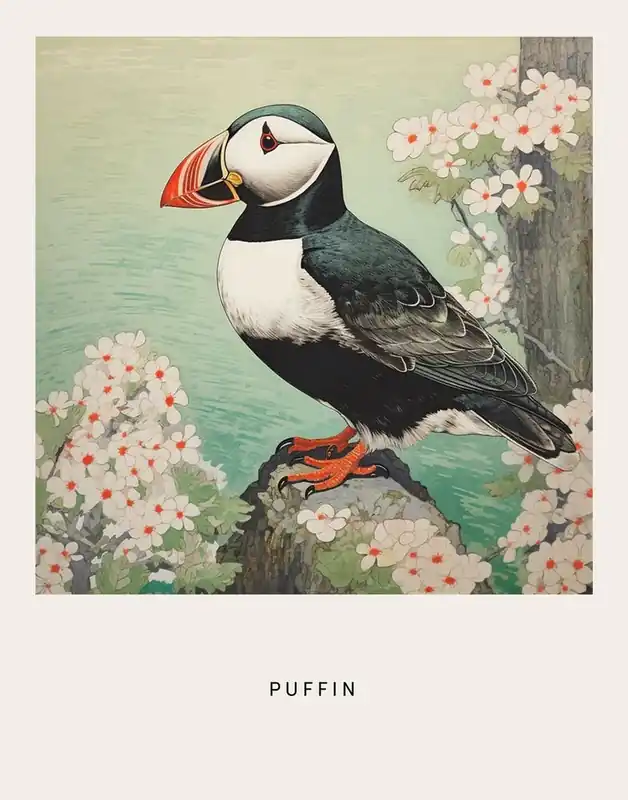 Ohara Koson Inspired Bird Painting Puffin 4 Poster Seasonal Sale