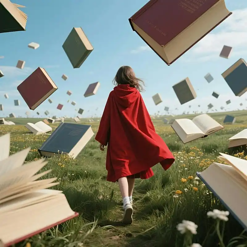 Girl Walking Through A Field Of Books 1 Markdown